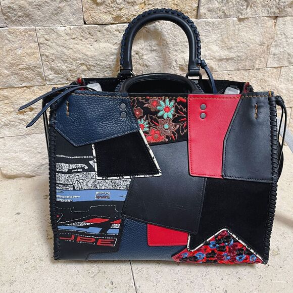 Coach 1941 Rogue 30 Embellished Patchwork Whipstitch Mixed Leather Bag Red Multi - Picture 2 of 12